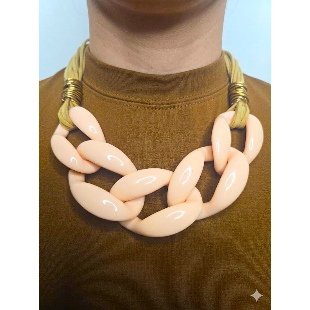 Chunky Link Statement Necklace Peach Acrylic Vegan Leather Cord 16" Choker Work